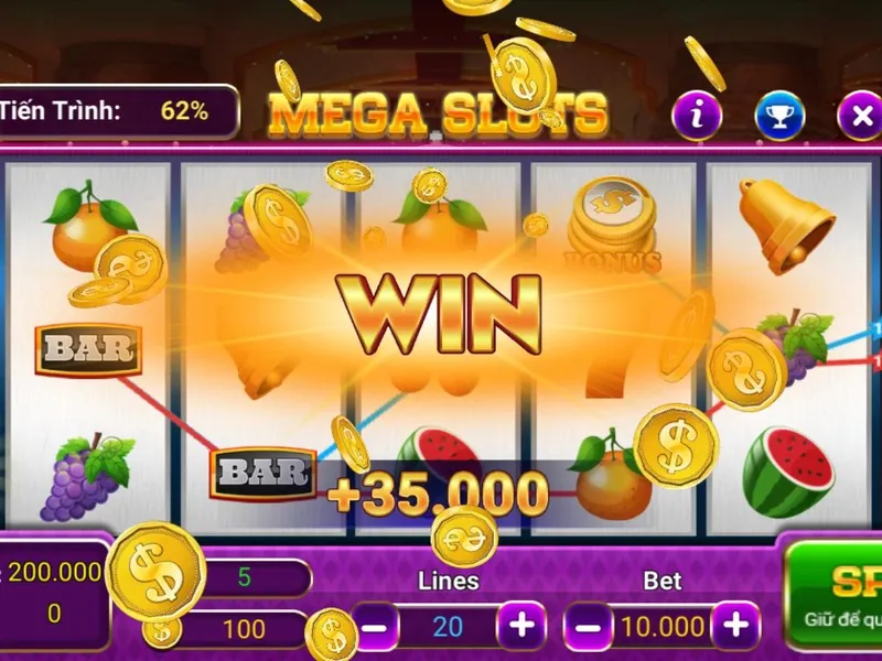 Hình ảnh các máy đánh bạc slot với biểu tượng tiền vàng và vòng quay may mắn