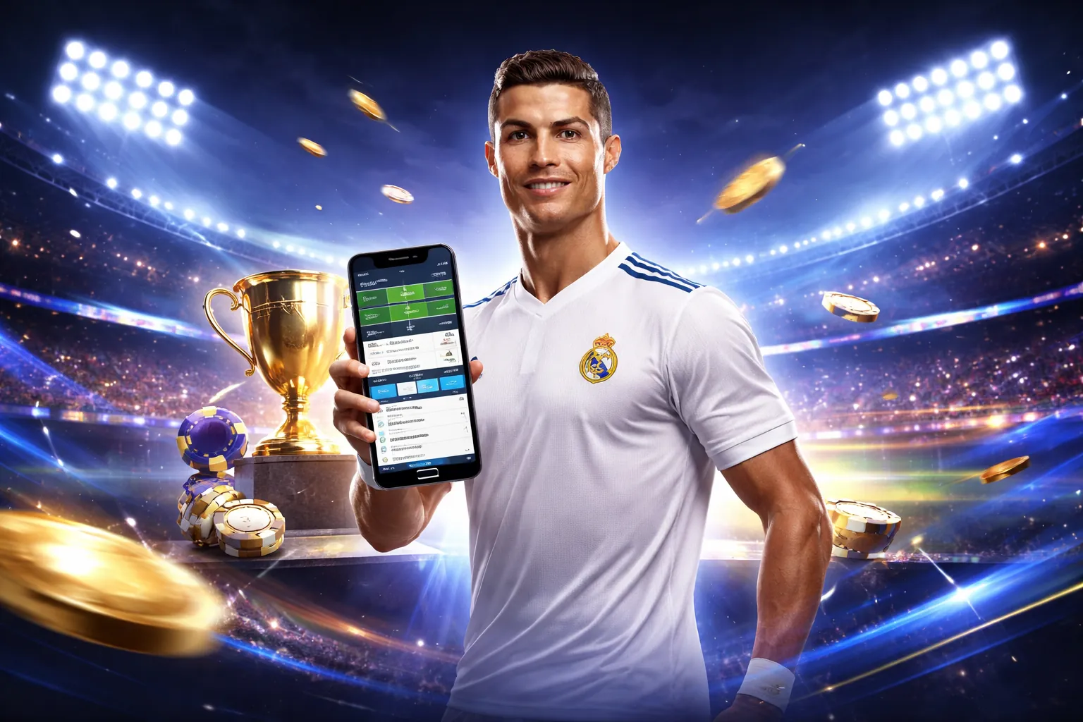 Hình ảnh sân vận động với ánh đèn rực rỡ và logo 123bet
